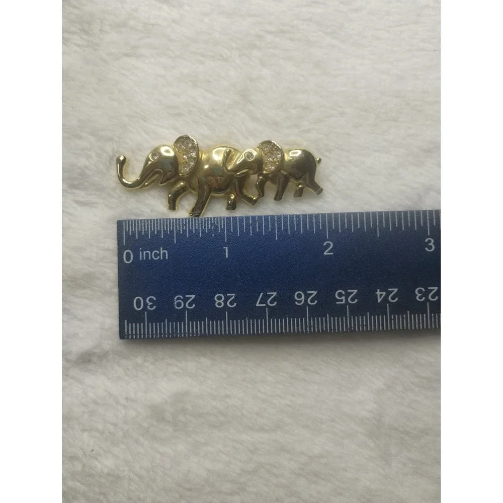 AJMC Gold Tone Rhinestone Elephant Family‎ Brooch Pin Good Luck Trunk Up Bin 2